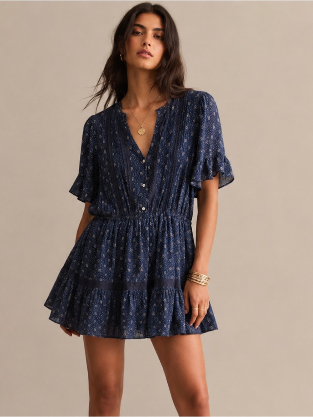Anthropologie Isabella Sinclair Navy Button-Front Tiered Dress